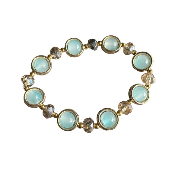 Handmade Light Blue and Gold Beaded Bracelet - Picture 3 of 4